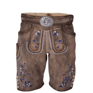 Authentic Bavarian Lederhosen Embroidered Brown with Belt